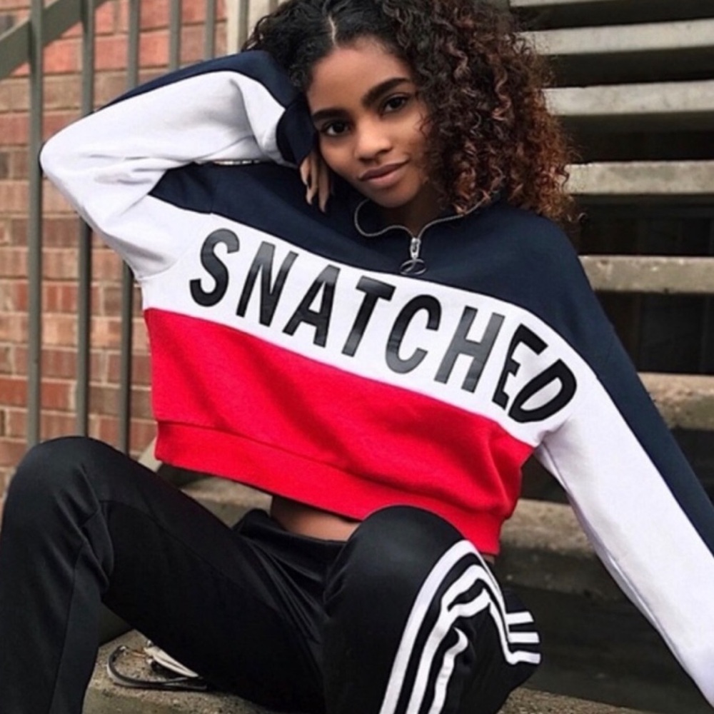 "Snatched"‎ Divided Cropped Sweatshirt Red White Blue 1/4 Zip Women's H&M Sz Med
